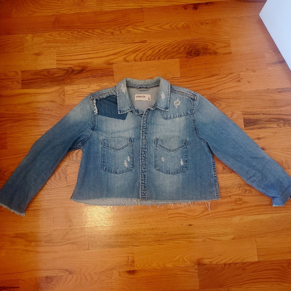 Shrunken, Distressed Cropped Denim Jacket